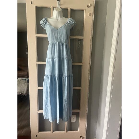 OLD‎ NAVY FIT & FLARE MAXI DRESS COTTON CHAMBRAY TIERED LIGHT WASH BLUE - Picture 4 of 12